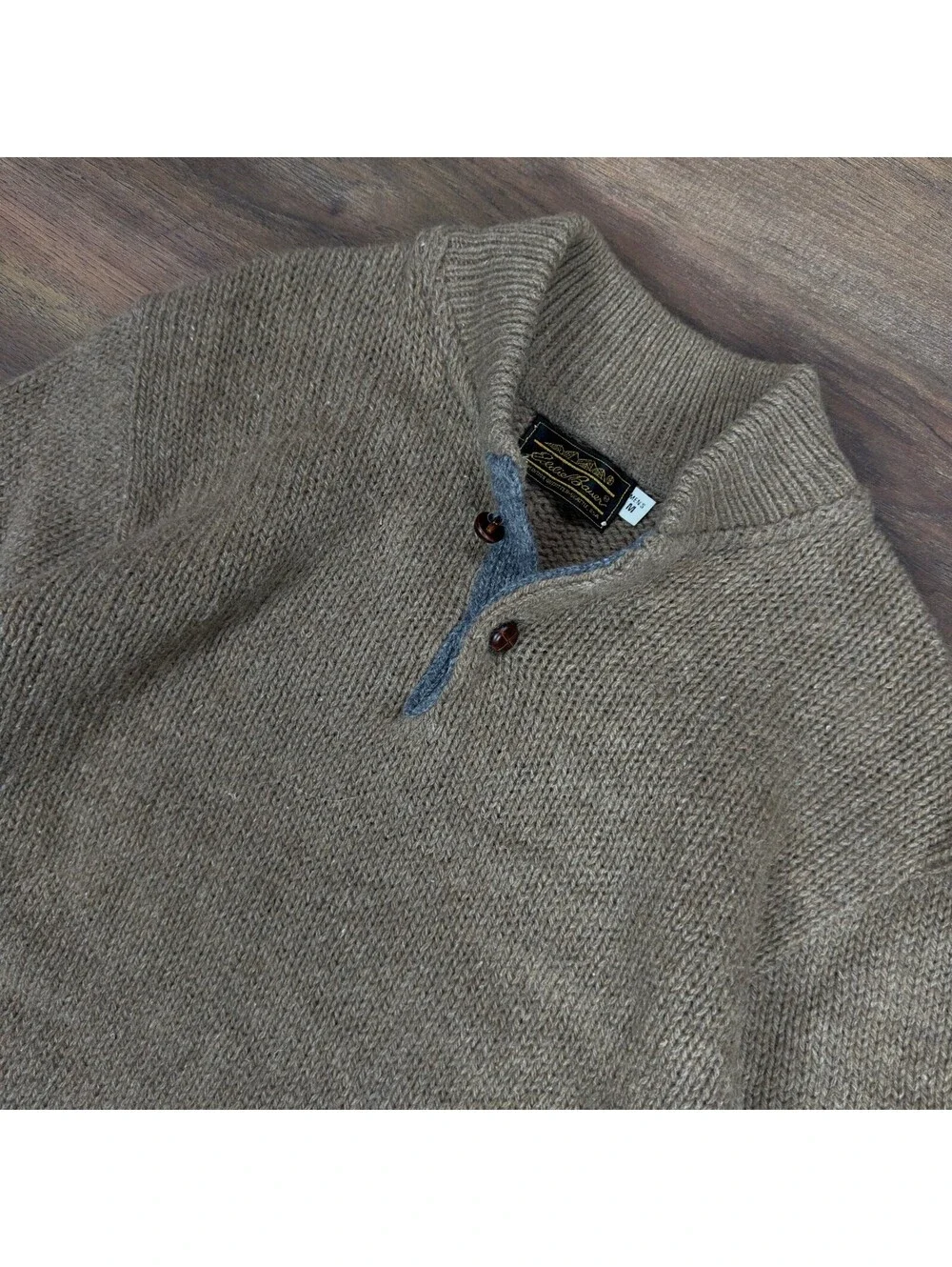 Eddie Bauer Vintage Wool Henley Sweater Mens Medium Brown
